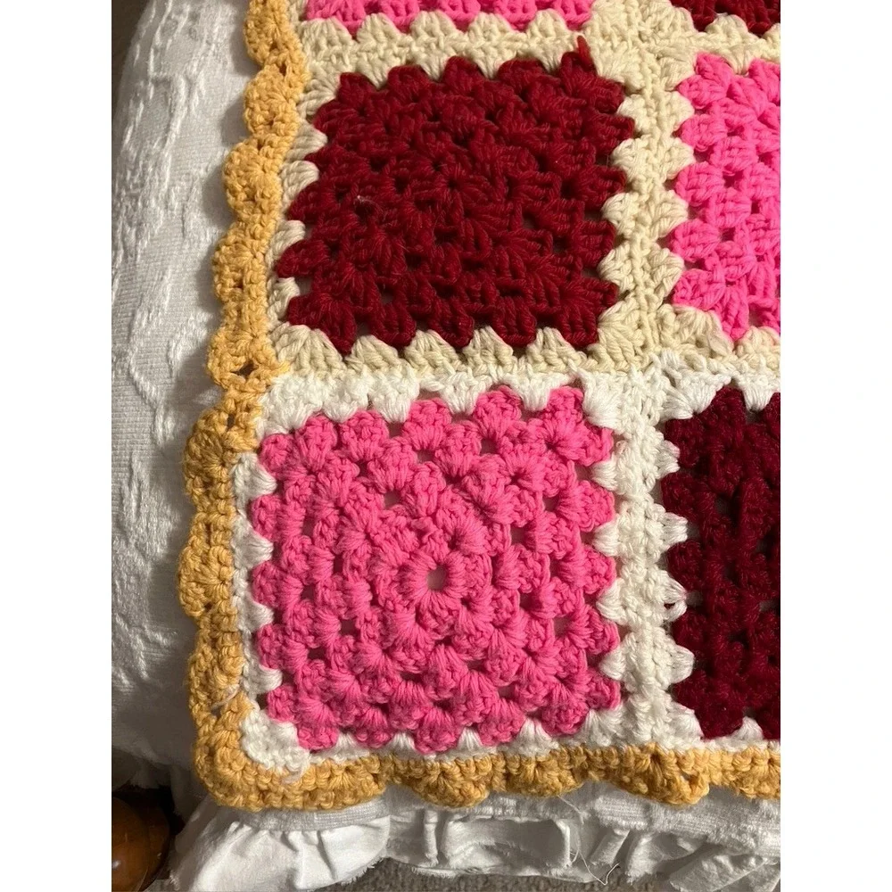 Handmade Crochet Granny Square Blanket Unisex 42x49 Pink Red Beige Cottage Throw